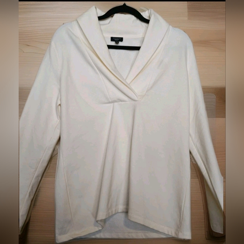 TALBOTS Petite Sz L Ivory FEATHERWEIGHT FLEECE WRAP V NECK PULLOVER